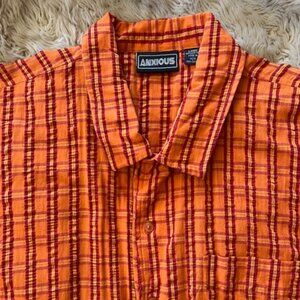 VINTAGE Anxious Red Orange Yellow Plaid Button Up Short Sleeve Shirt Men's Large